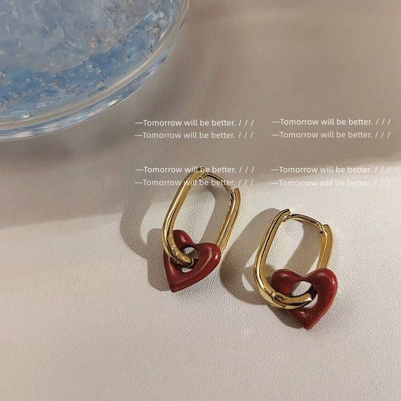 Women's Retro Copper Heart Earrings With White Lily And Red Love Motif Electroplated French Style Fashion Ear Buckle Jewelry