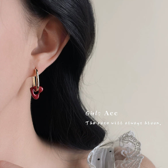 Women's Retro Copper Heart Earrings With White Lily And Red Love Motif Electroplated French Style Fashion Ear Buckle Jewelry