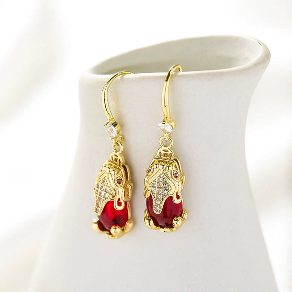 Women's Retro Copper Pixiu Animal Earrings With Micro Inlaid Zircon Minimalist Auspicious Design