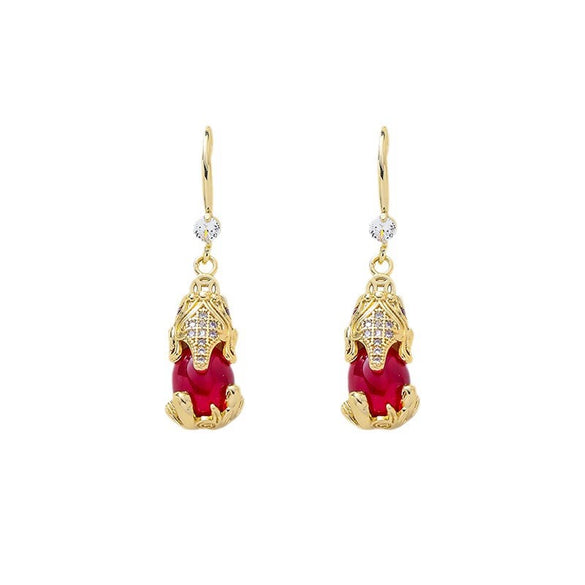 Women's Retro Copper Pixiu Animal Earrings With Micro Inlaid Zircon Minimalist Auspicious Design