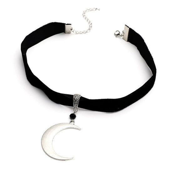 Women's Retro Dark Moon Pendant Choker Necklace With Black Nylon Cord And Electroplated Alloy Box Chain