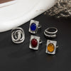 Women's Retro Distressed Alloy Geometric Open Ring With Colorful Oval Resin Gemstone And Adjustable Design