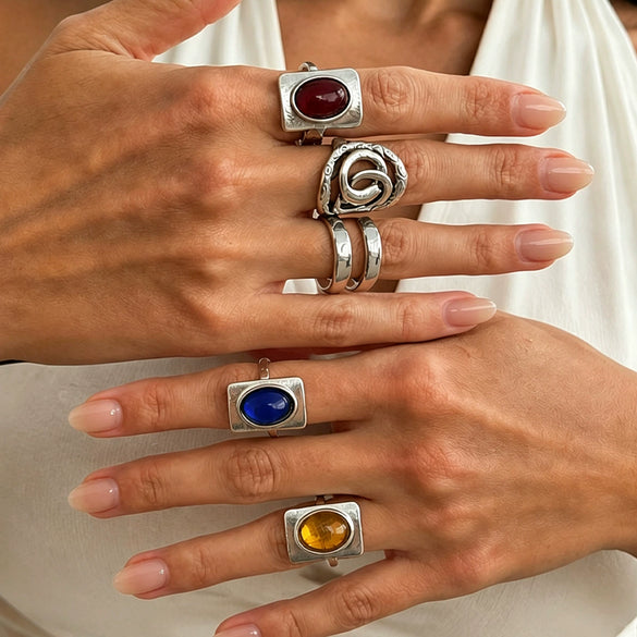 Women's Retro Distressed Alloy Geometric Open Ring With Colorful Oval Resin Gemstone And Adjustable Design