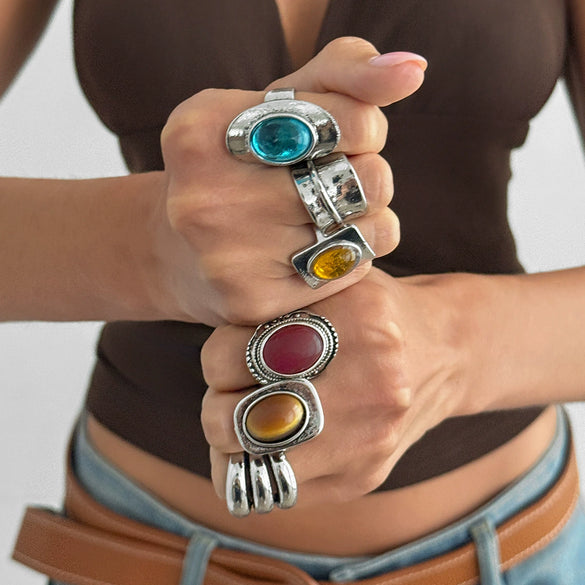 Women's Retro Distressed Wideface Stacked Geometric Ring With Resin Gemstone Inlay And Plated Alloy Finish