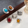 Women's Retro Distressed Wideface Stacked Geometric Ring With Resin Gemstone Inlay And Plated Alloy Finish