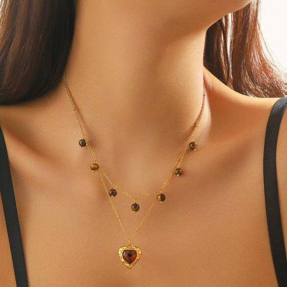 Women's Retro Double Layer Stacked Woolen Clavicle Necklace In Titanium Steel With Sunflower Diamond Leaves Pattern Electroplated For Autumn And Winter