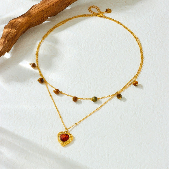 Women's Retro Double Layer Stacked Woolen Clavicle Necklace In Titanium Steel With Sunflower Diamond Leaves Pattern Electroplated For Autumn And Winter