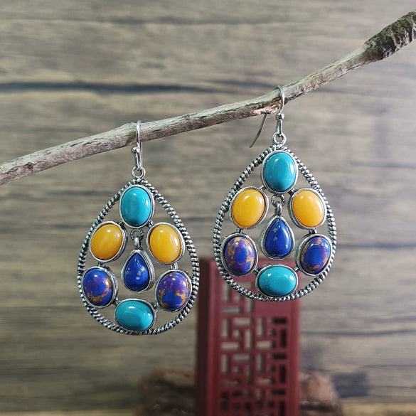 Women's Retro Drop Shape Natural Stone And Green Crystal Earrings Zinc Alloy Enamel Jewelry