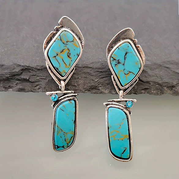 Women's Retro Drop Shape Natural Stone And Green Crystal Earrings Zinc Alloy Enamel Jewelry