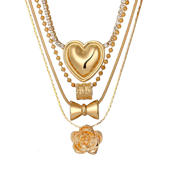 Women's Retro Electroplated Alloy Rose Heart Bow Geometric Multilayer Snake Chain Necklace Set