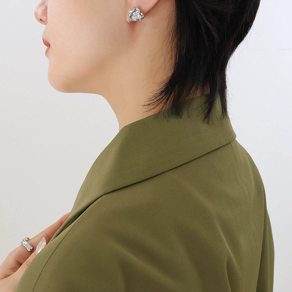 Women's Retro Elegant Personality Niche Design Embossed Titanium Steel Ring Earrings Jewelry Set With Electroplating