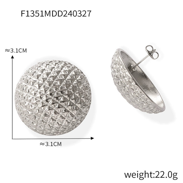 Women's Retro Elegant Round 316L Stainless Steel Gold Plated Earrings With Embossed Diamond And Rhombus Geometric Pattern