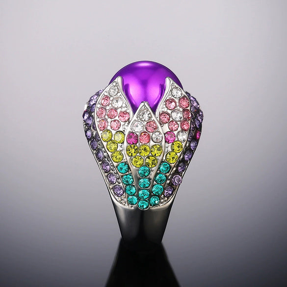 Women's Retro Exaggerated Alloy Geometric Inlaid Crystal Petal Ring