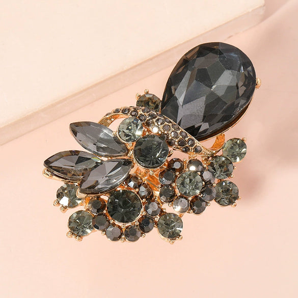 Women's Retro Exaggerated Geometric Flower Open Ring Alloy Diamond Set Fashion Statement Ring