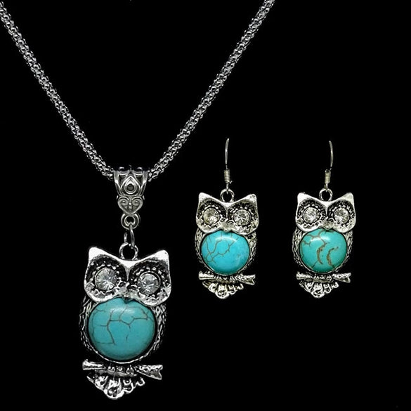 Women's Retro Exaggerated Owl Necklace And Earrings Set Ancient Silver Color Electroplated Alloy Animal Jewelry