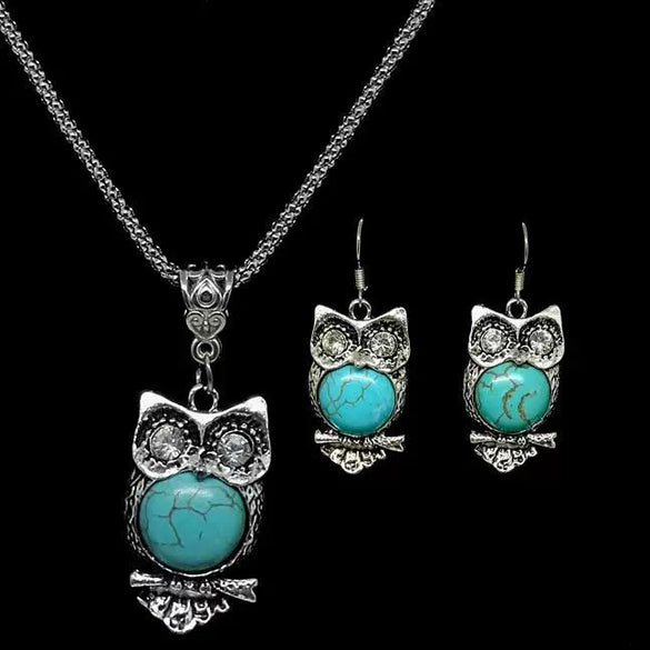 Women's Retro Exaggerated Owl Necklace And Earrings Set Ancient Silver Color Electroplated Alloy Animal Jewelry