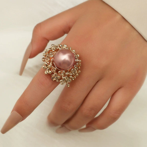 Women's Retro Fashion Alloy Flower Ring With Pearl Inlay Adjustable Open Band Simple Elegant Trendy Statement Jewelry