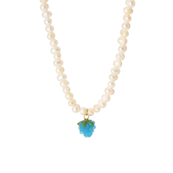 Women's Retro Fashion Necklace With Raspberry Shaped Stainless Steel Pendant Set With Freshwater Pearls