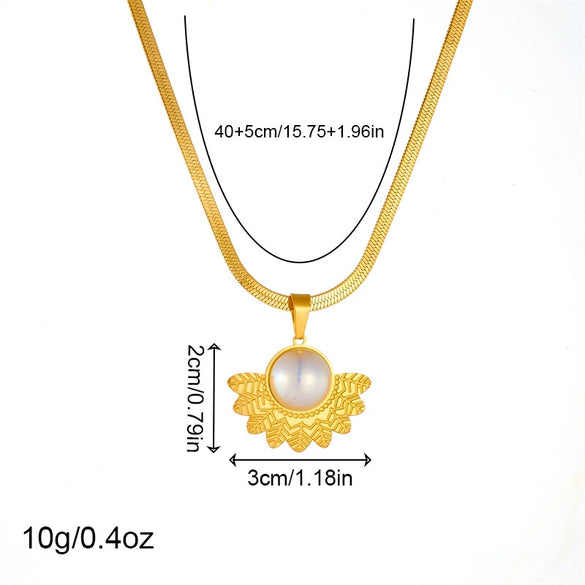 Women's Retro Fashion Round Pearl Fan Feather Accessories Pendant Earrings Ring Necklace Stainless Steel Electroplated