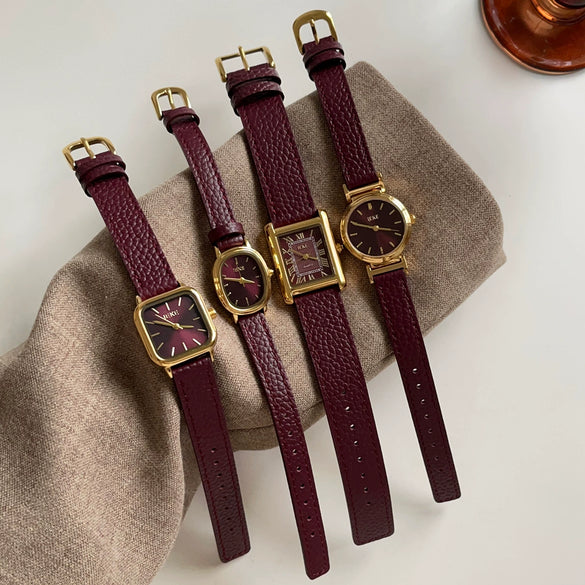 Women's Retro Fashionable Metal Leather Watch With Round Dial And Spiral Crown