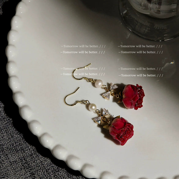 Women's Retro Flower Earrings With Copper Electroplated Handcrafted Dried Rose Design And Zircon Inlay Ear Jewelry