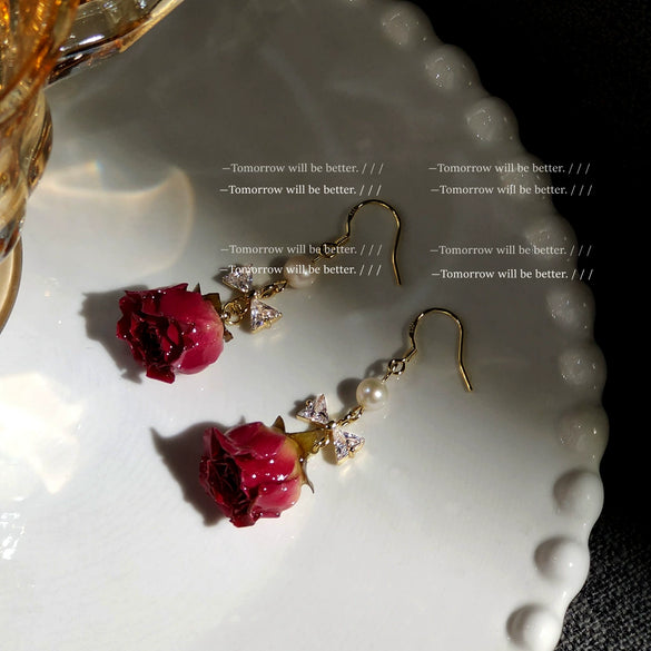 Women's Retro Flower Earrings With Copper Electroplated Handcrafted Dried Rose Design And Zircon Inlay Ear Jewelry