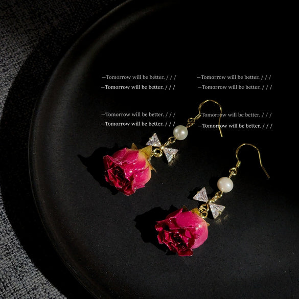 Women's Retro Flower Earrings With Copper Electroplated Handcrafted Dried Rose Design And Zircon Inlay Ear Jewelry
