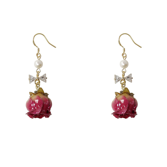Women's Retro Flower Earrings With Copper Electroplated Handcrafted Dried Rose Design And Zircon Inlay Ear Jewelry