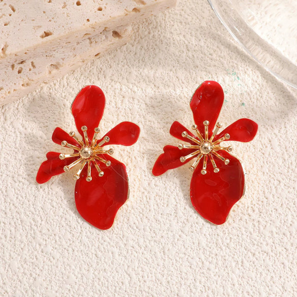 Women's Retro Flower Earrings With Drip Glaze Finish And Stainless Steel Ear Posts Fashionable Everyday Jewelry