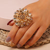 Women's Retro Flower Ring With Crystal And Diamond Accents Adjustable Alloy Statement Ring Elegant Fashion Jewelry
