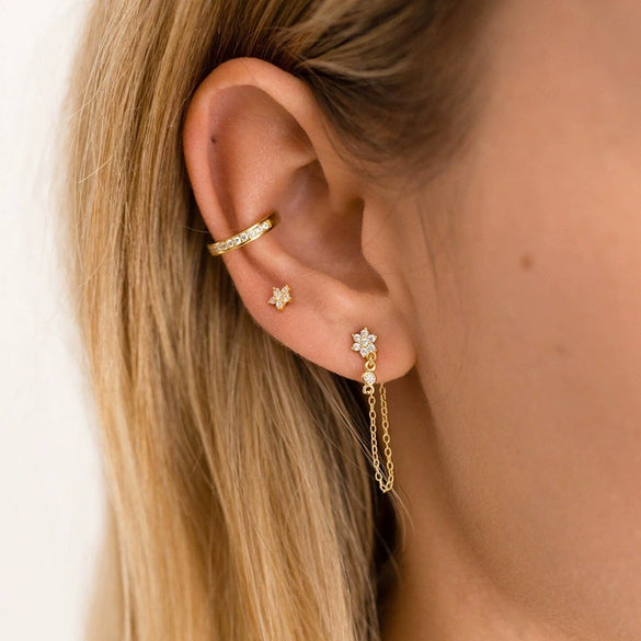 Women's Retro Flower Zircon Tassel Earrings With Silver Needle And Copper U Shaped Geometric Electroplated Design