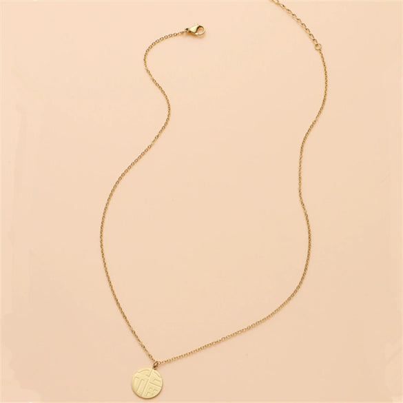 Women's Retro Fortune Character Stainless Steel Necklace With Round Geometric Pendant Electroplated O Chain Short Neck Chain