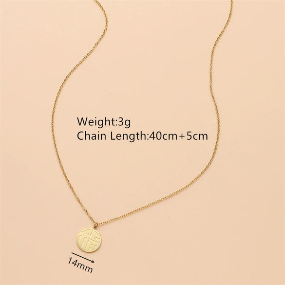 Women's Retro Fortune Character Stainless Steel Necklace With Round Geometric Pendant Electroplated O Chain Short Neck Chain