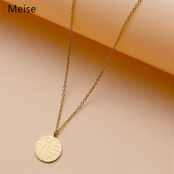 Women's Retro Fortune Character Stainless Steel Necklace With Round Geometric Pendant Electroplated O Chain Short Neck Chain