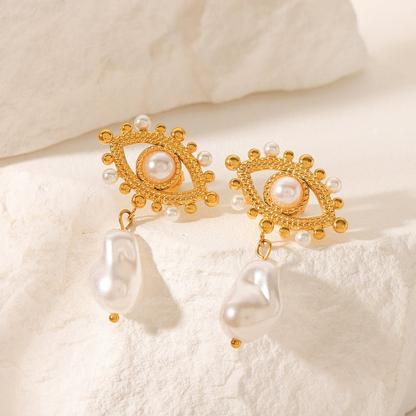 Women's Retro French Style Geometric Pearl Stainless Steel Electroplated Earrings