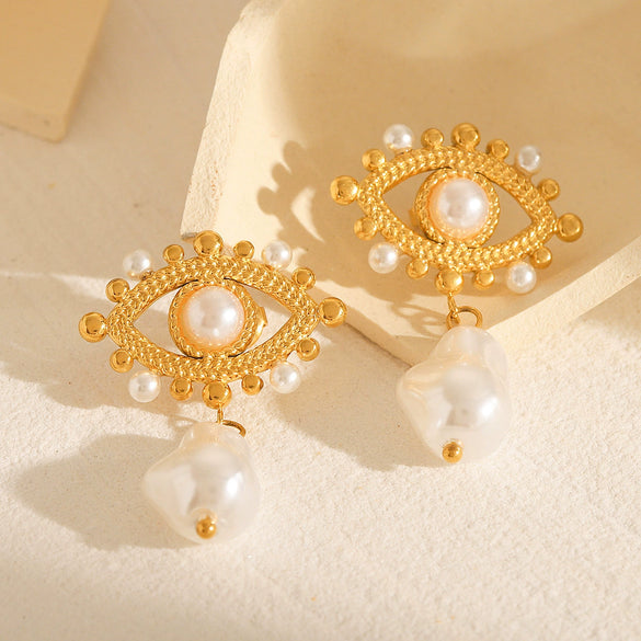Women's Retro French Style Geometric Pearl Stainless Steel Electroplated Earrings