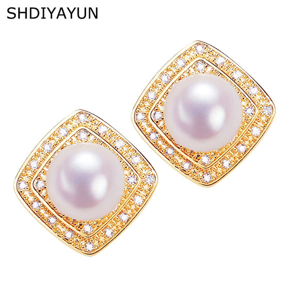 Women's Retro Freshwater Pearl Earrings With Square Micropaved Zircon Alloy Inlaid With Artificial And Semiprecious Stones