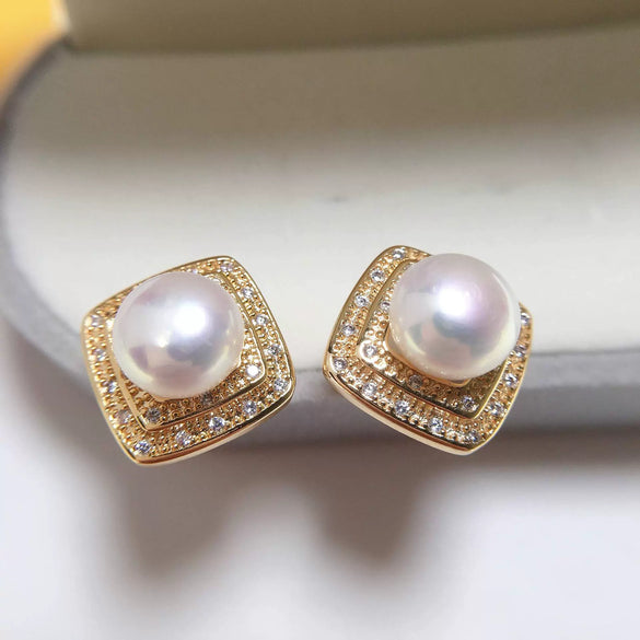 Women's Retro Freshwater Pearl Earrings With Square Micropaved Zircon Alloy Inlaid With Artificial And Semiprecious Stones