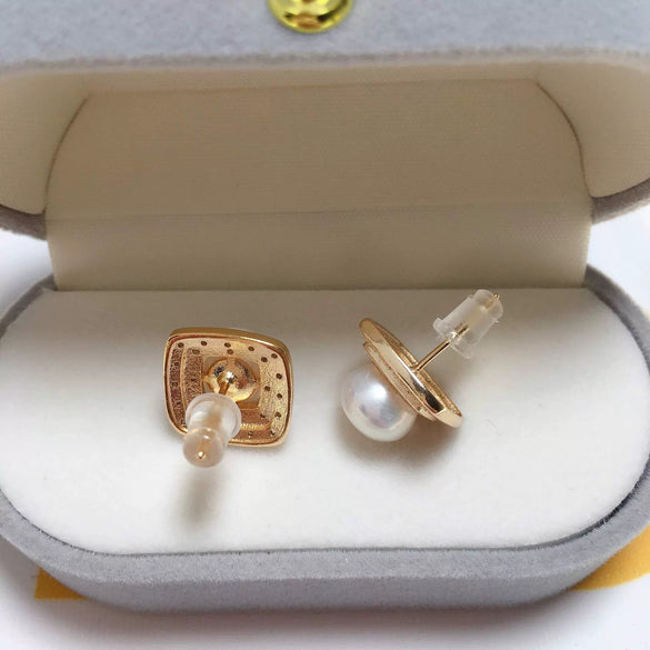 Women's Retro Freshwater Pearl Earrings With Square Micropaved Zircon Alloy Inlaid With Artificial And Semiprecious Stones