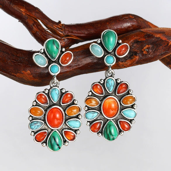 Women's Retro Geometric Alloy And Stainless Steel Earrings With Electroplating And Turquoise