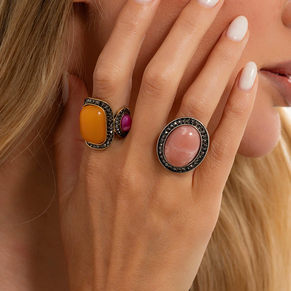 Women's Retro Geometric Alloy Open Ring With Oval Rhinestone Accents And Diamondstyle Detail For A Light Luxury Stacked Look