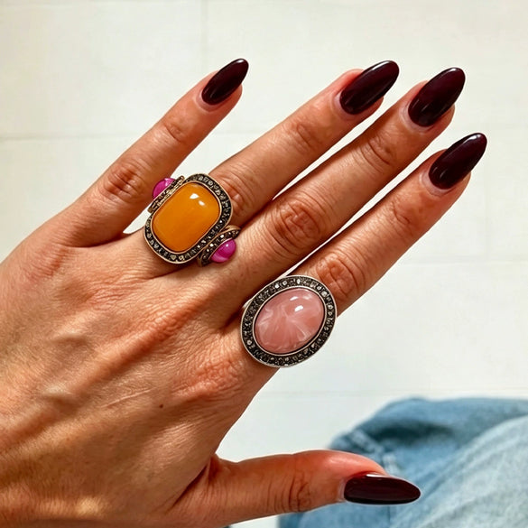 Women's Retro Geometric Alloy Open Ring With Oval Rhinestone Accents And Diamondstyle Detail For A Light Luxury Stacked Look