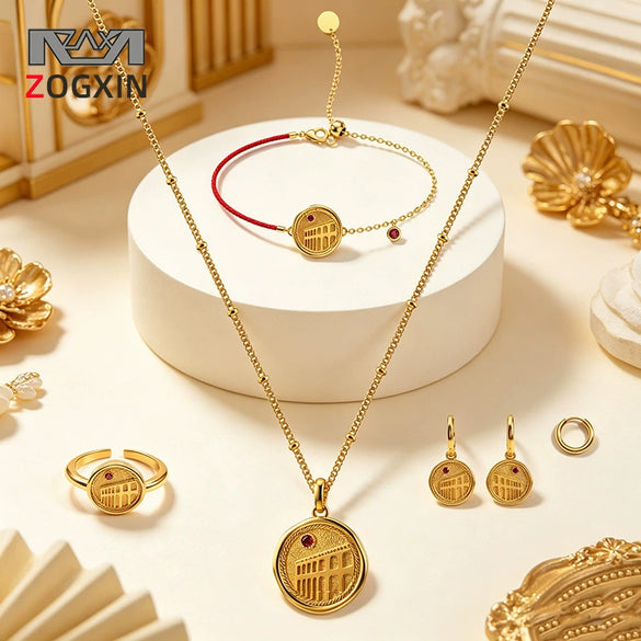 Women's Retro Geometric Architectural Jewelry Set With Embossed Stainless Steel Necklace Earrings Ring And Bracelet