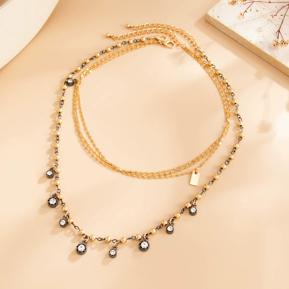 Women's Retro Geometric Beaded Diamond Pendant Necklace With Layered Alloy Chain And Lobster Clasp