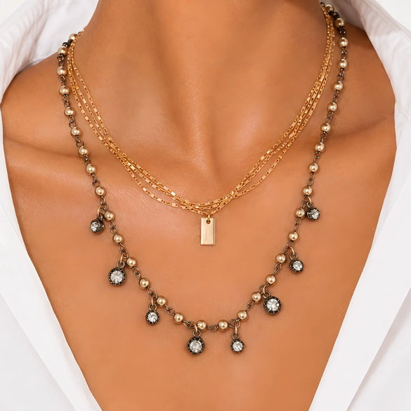 Women's Retro Geometric Beaded Diamond Pendant Necklace With Layered Alloy Chain And Lobster Clasp