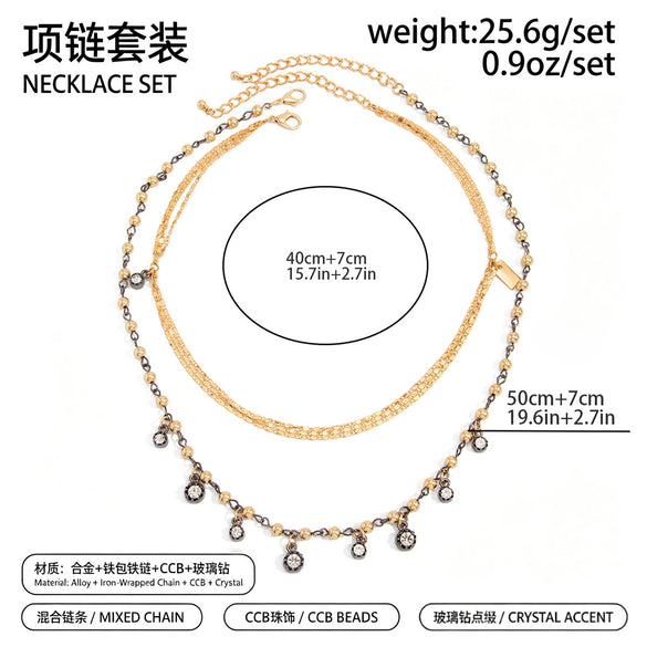 Women's Retro Geometric Beaded Diamond Pendant Necklace With Layered Alloy Chain And Lobster Clasp