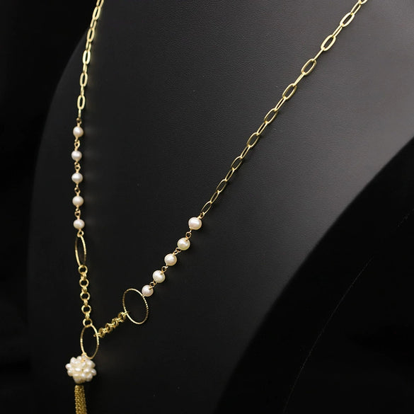 Women's Retro Geometric Beaded Pearl Chain Tassel Necklace With Electroplated Detail Elegant Sweater Chain Jewelry