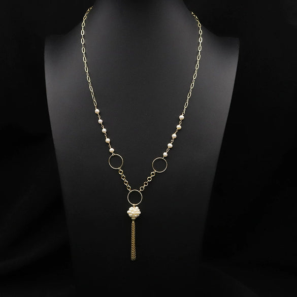 Women's Retro Geometric Beaded Pearl Chain Tassel Necklace With Electroplated Detail Elegant Sweater Chain Jewelry