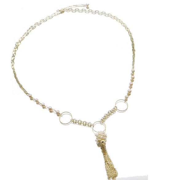 Women's Retro Geometric Beaded Pearl Chain Tassel Necklace With Electroplated Detail Elegant Sweater Chain Jewelry