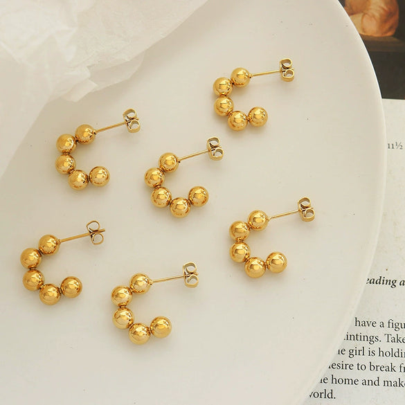 Women's Retro Geometric C Shaped Small Round Bead Stitching Earrings In Titanium Steel With Electroplated Gold Finish